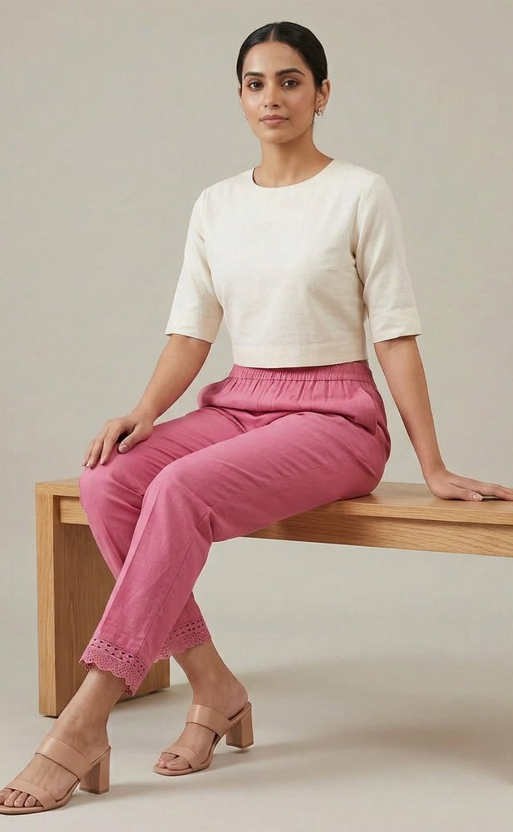 Pink Cotton Lace Work Palazzo Bottom