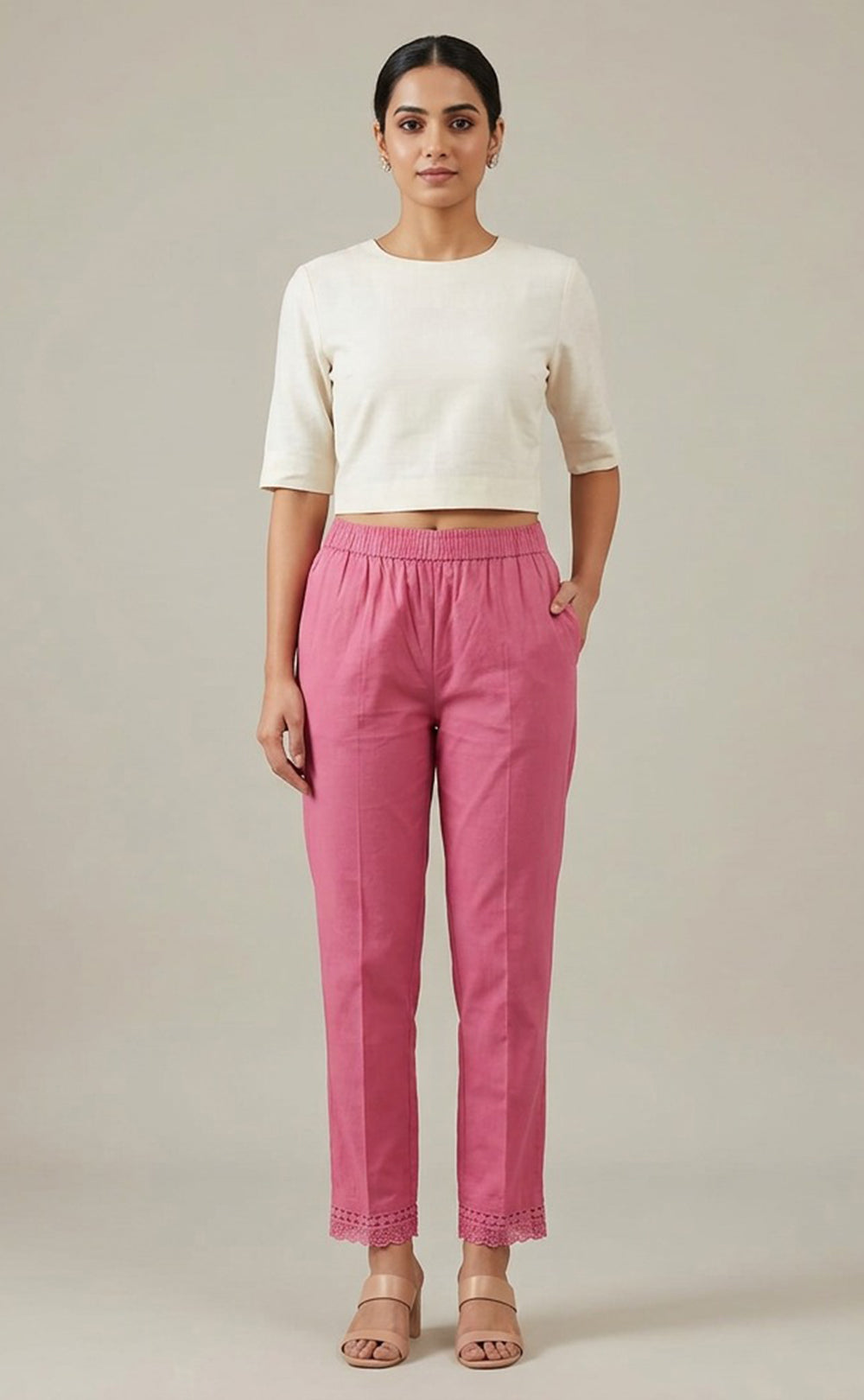 Pink Cotton Lace Work Palazzo Bottom