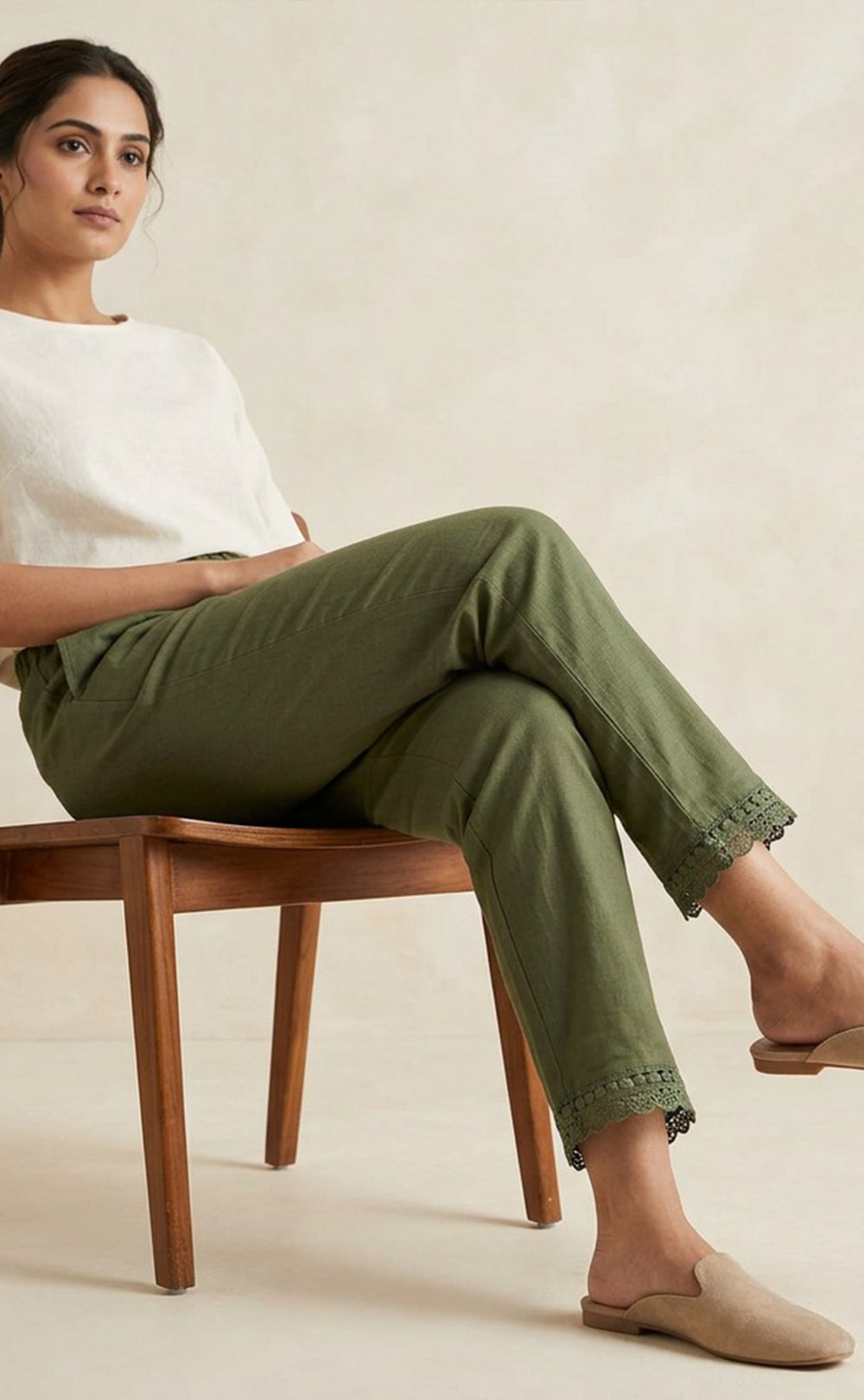 Pista Green Cotton Lace Work Palazzo Bottom