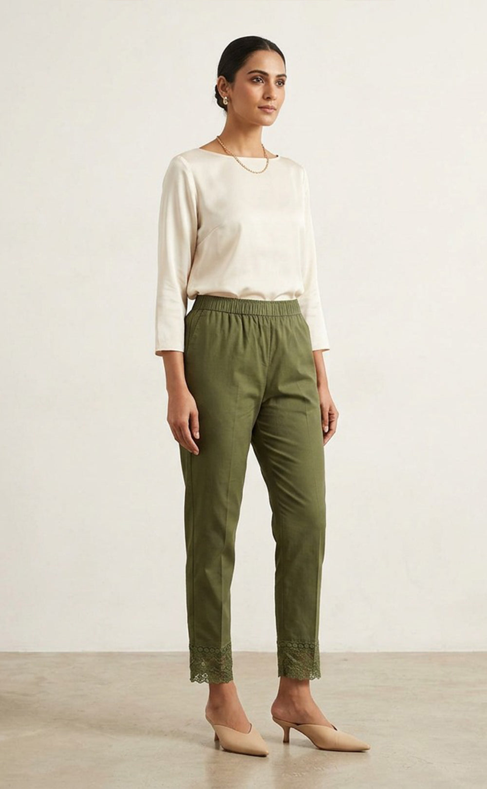 Pista Green Cotton Lace Work Palazzo Bottom