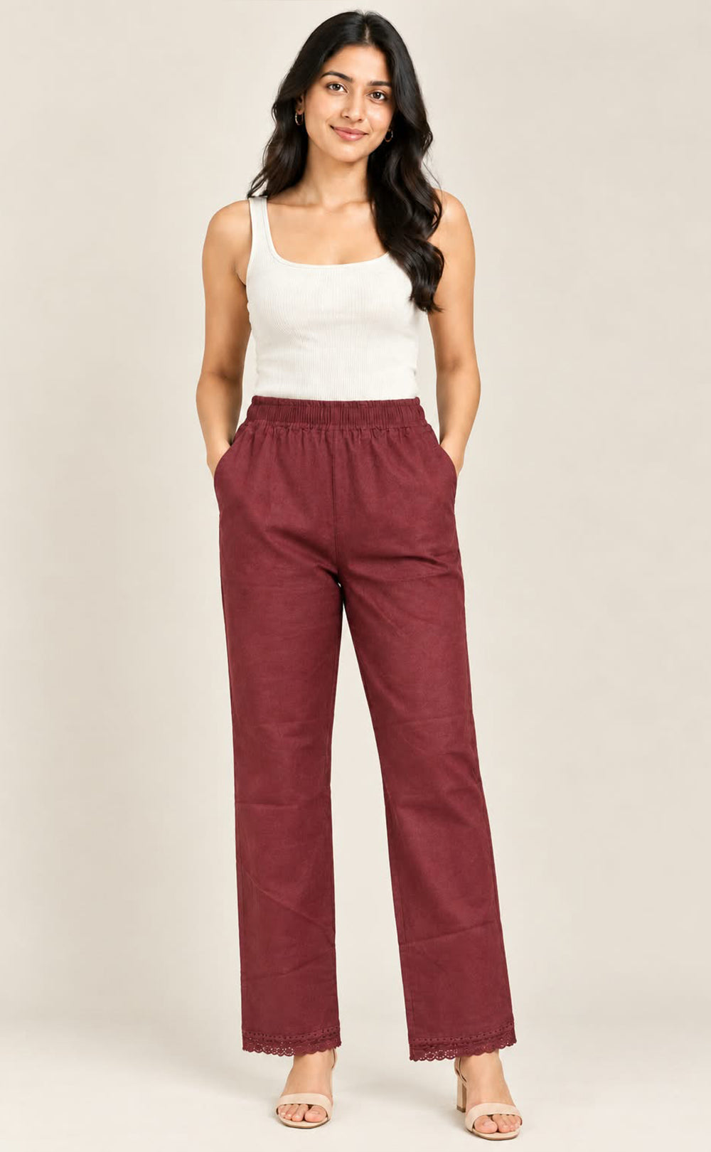 Brown Cotton Lace Work Palazzo Bottom