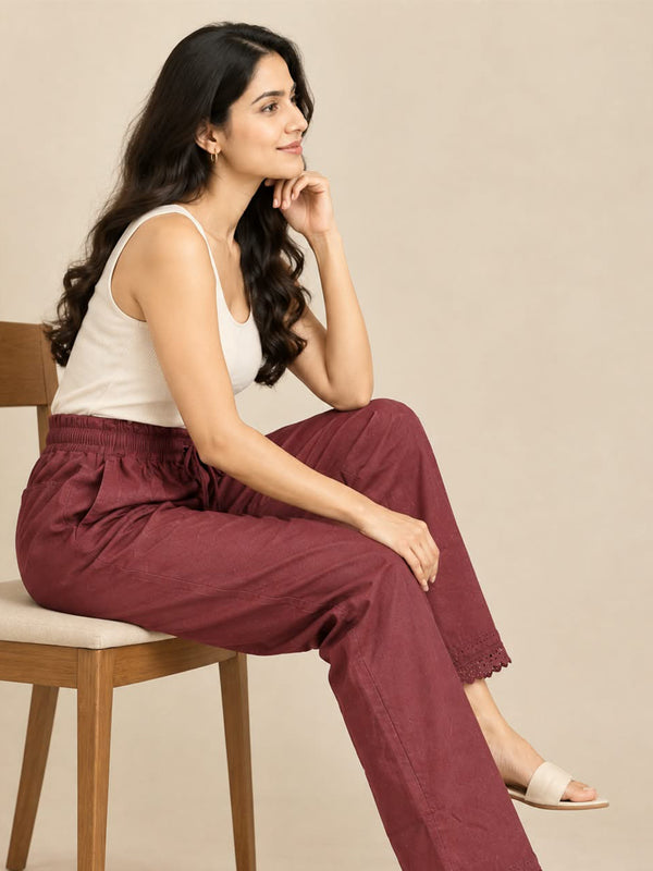 Brown Cotton Lace Work Palazzo Bottom
