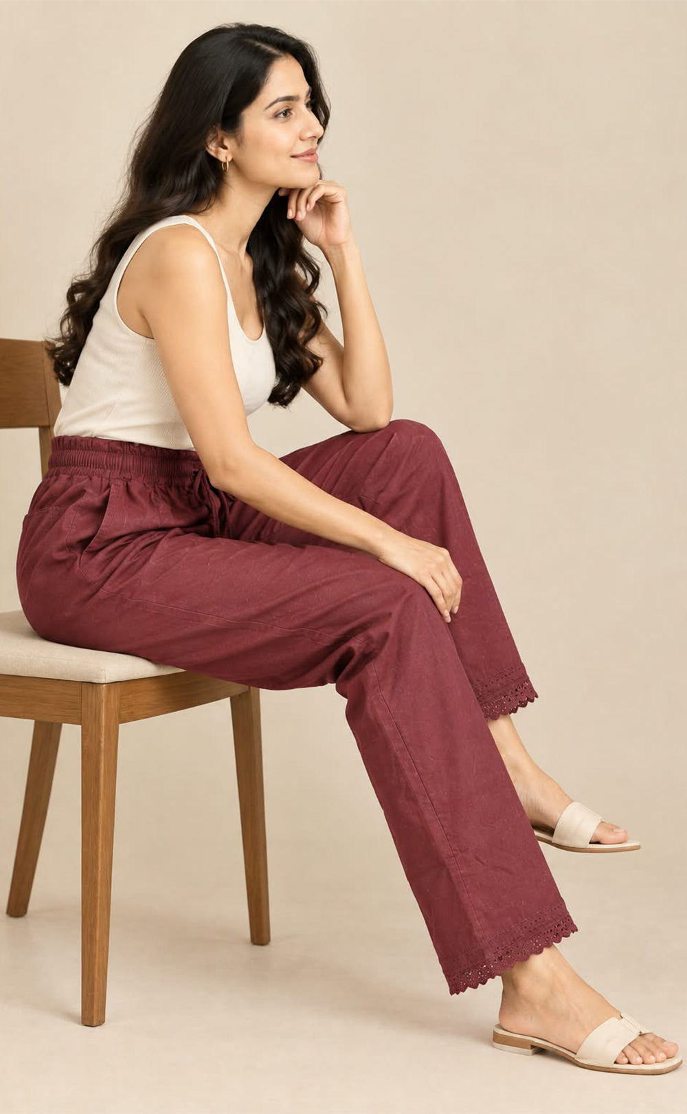 Brown Cotton Lace Work Palazzo Bottom