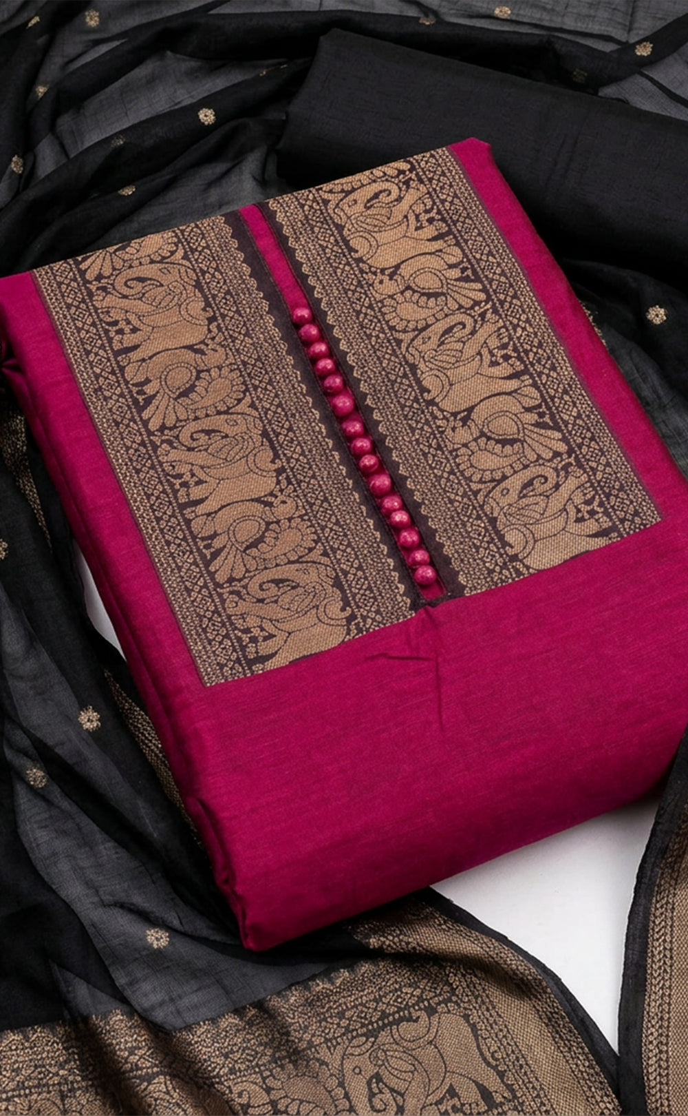 Wine Chanderi Gold Thread Weaving With Pom-Pom Un-Stitched Dress Material