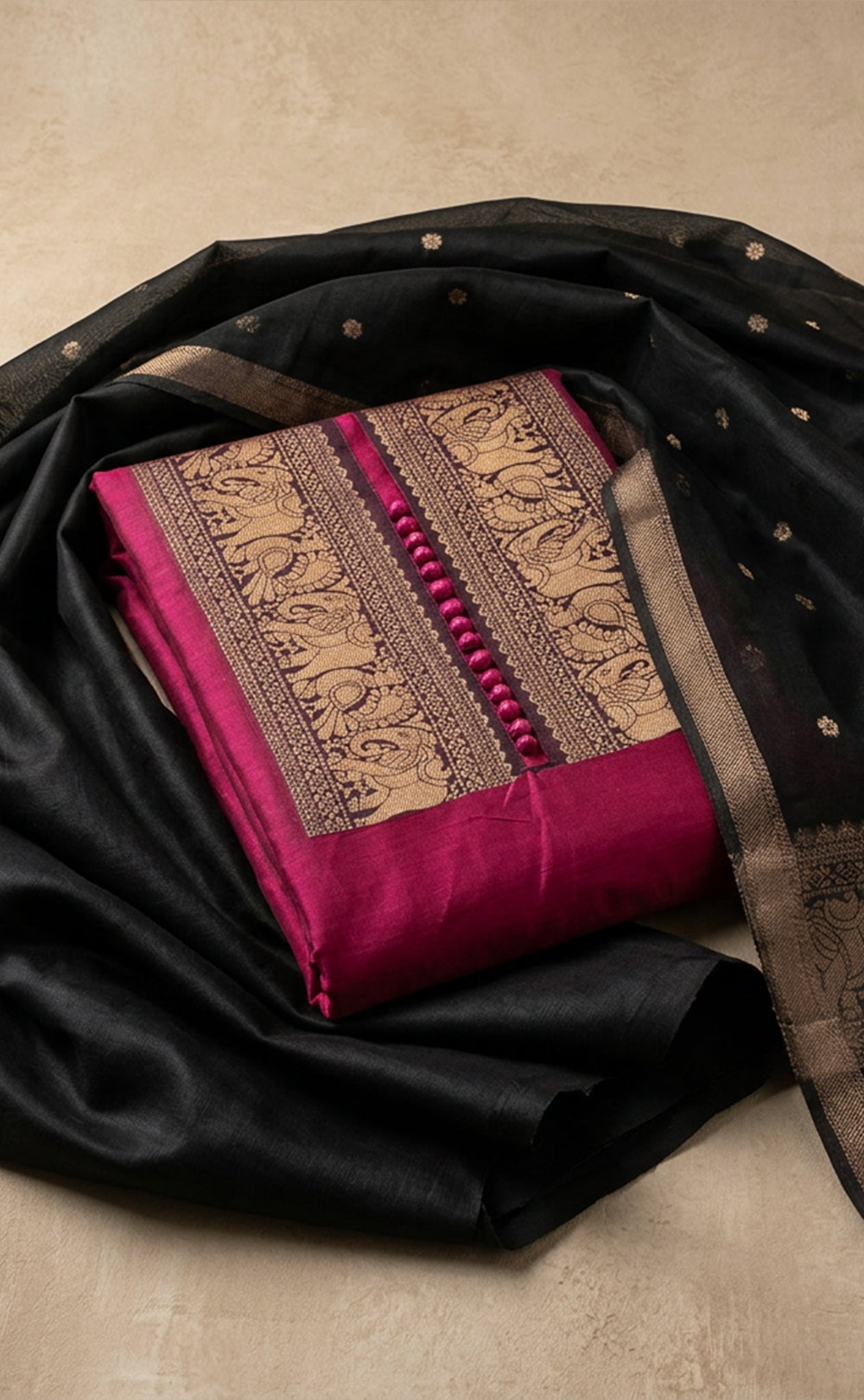 Wine Chanderi Gold Thread Weaving With Pom-Pom Un-Stitched Dress Material