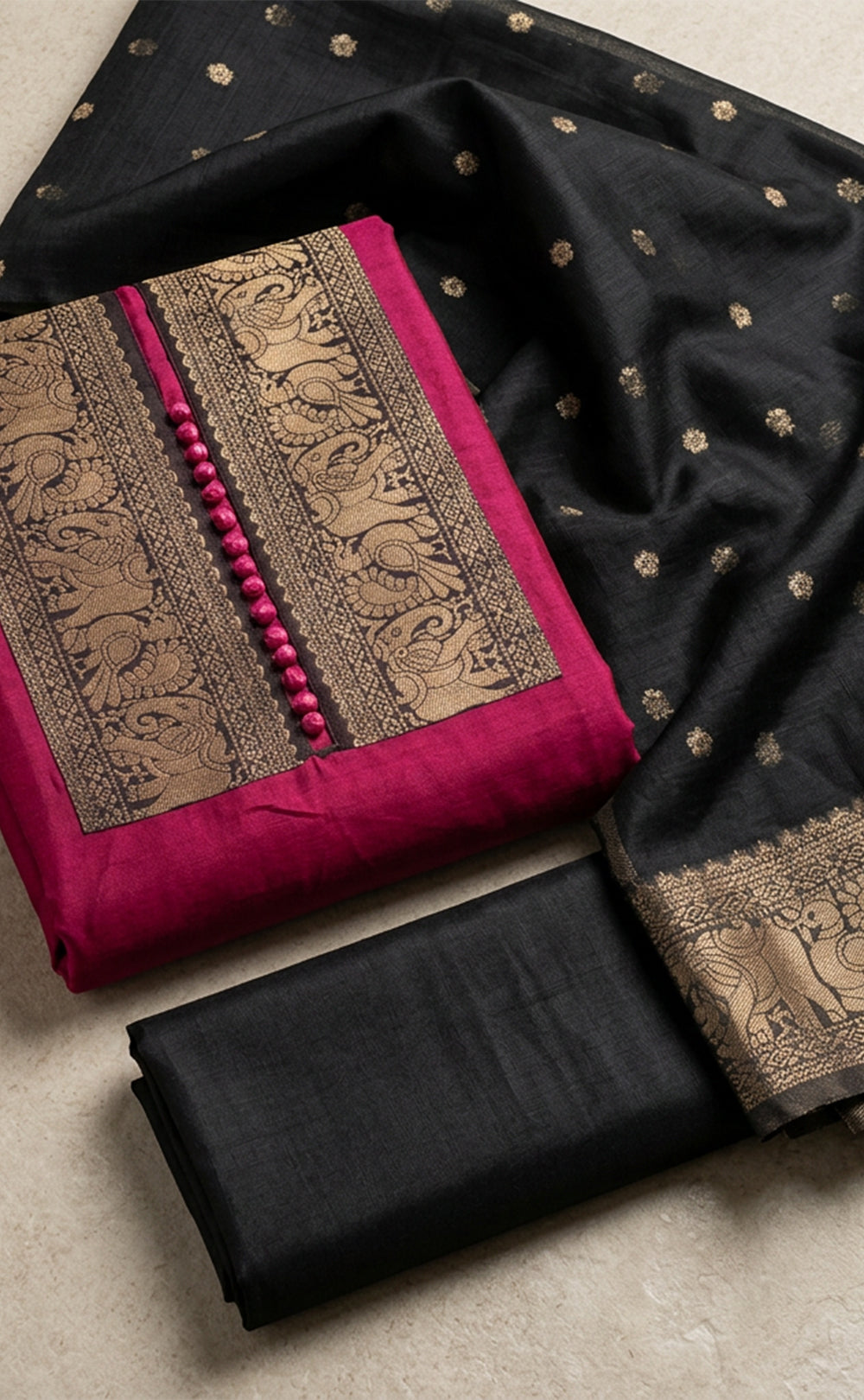 Wine Chanderi Gold Thread Weaving With Pom-Pom Un-Stitched Dress Material