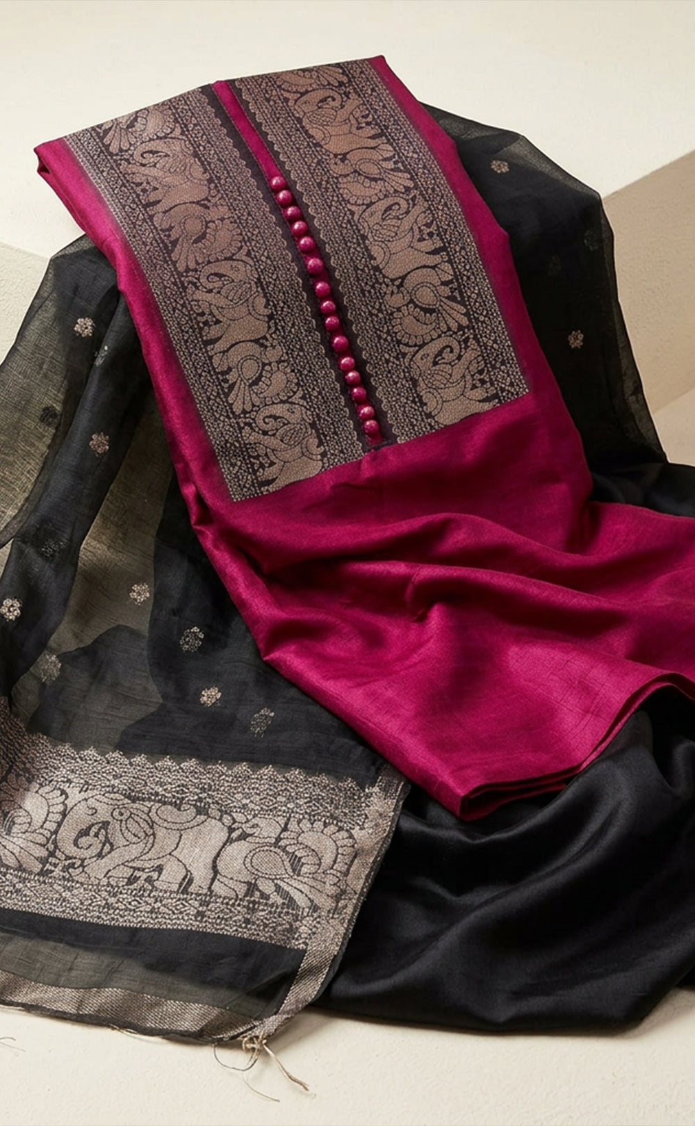 Wine Chanderi Gold Thread Weaving With Pom-Pom Un-Stitched Dress Material