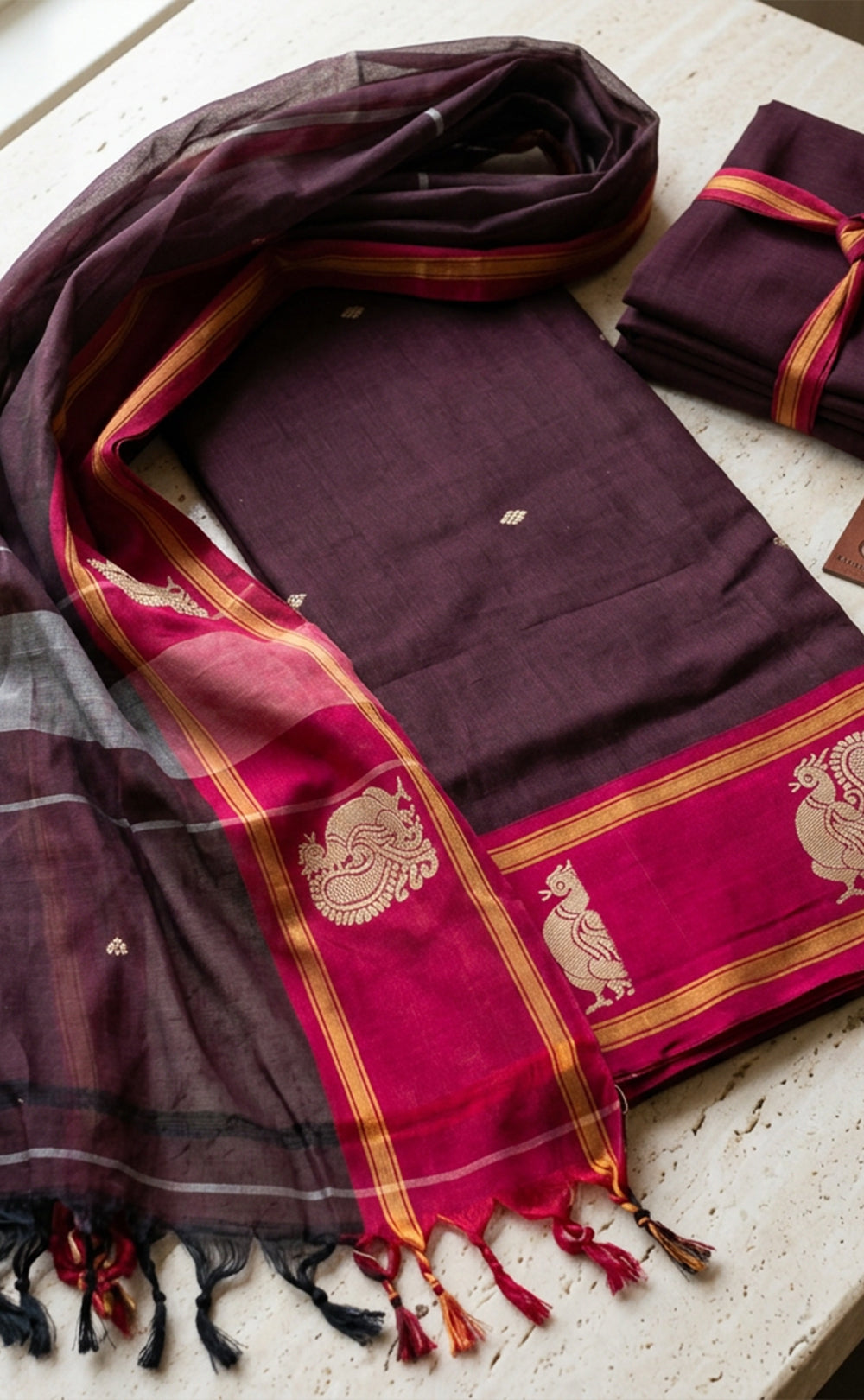 Deep Wine Cotton Buti Thread Weaving Un-Stitched Dress Material