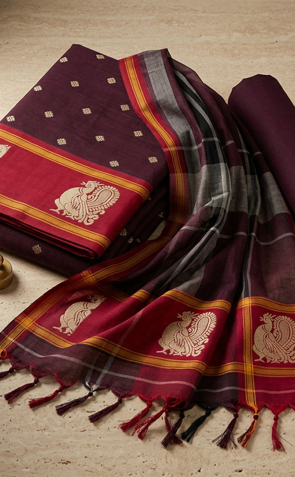 Deep Wine Cotton Buti Thread Weaving Un-Stitched Dress Material