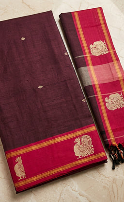 Deep Wine Cotton Buti Thread Weaving Un-Stitched Dress Material