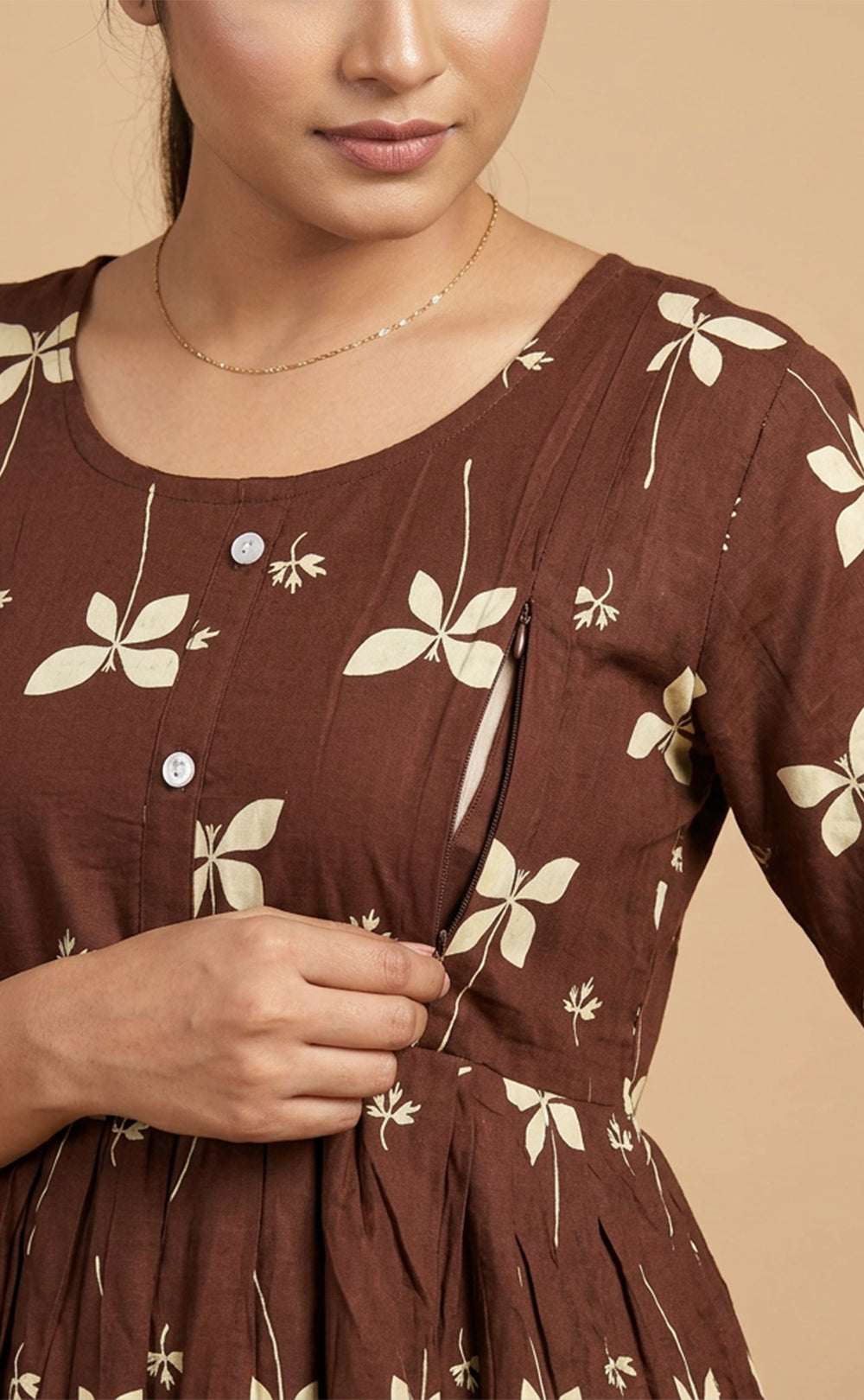 Brown Rayon All-Over Floral Printed Feeding Kurti