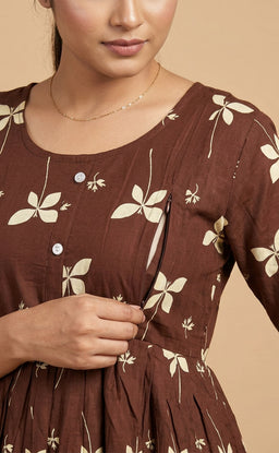 Brown Rayon All-Over Floral Printed Feeding Kurti