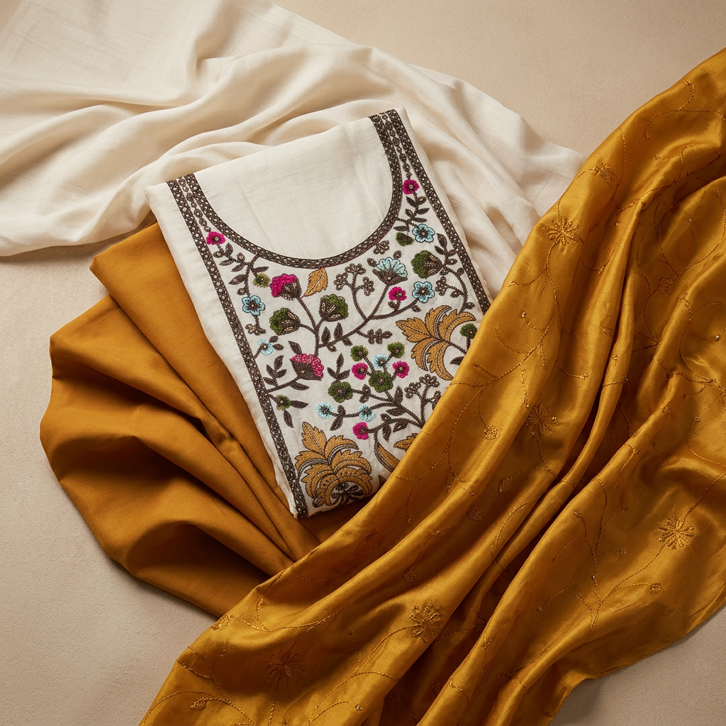 Half White With Mustard Yellow Chanderi Thread Embroidery With Sequence Work Un-Stitched Dress Material