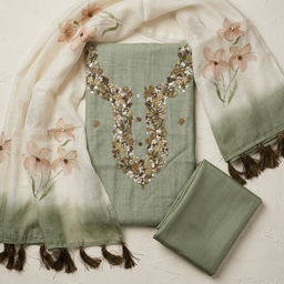 Pista Green Fancy Thread Embroidery Un-Stitched Dress Material