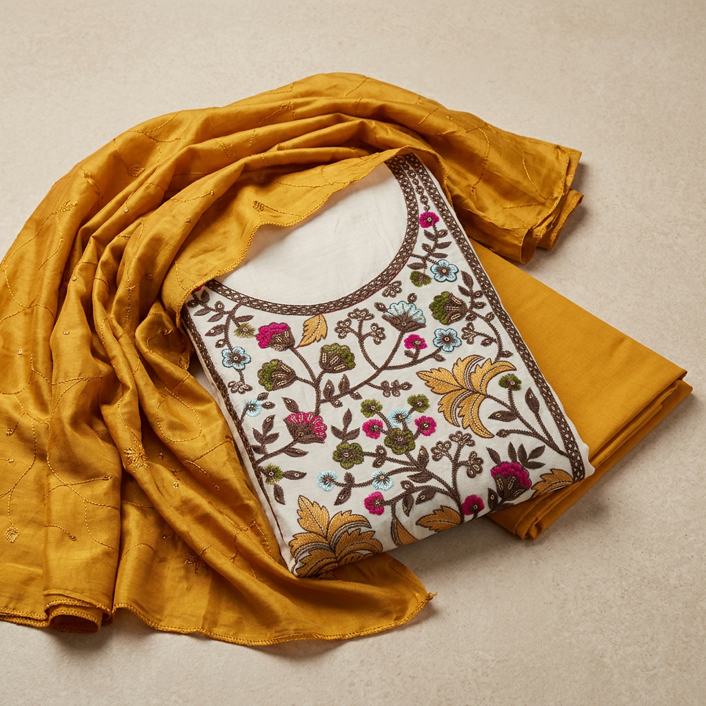 Half White With Mustard Yellow Chanderi Thread Embroidery With Sequence Work Un-Stitched Dress Material