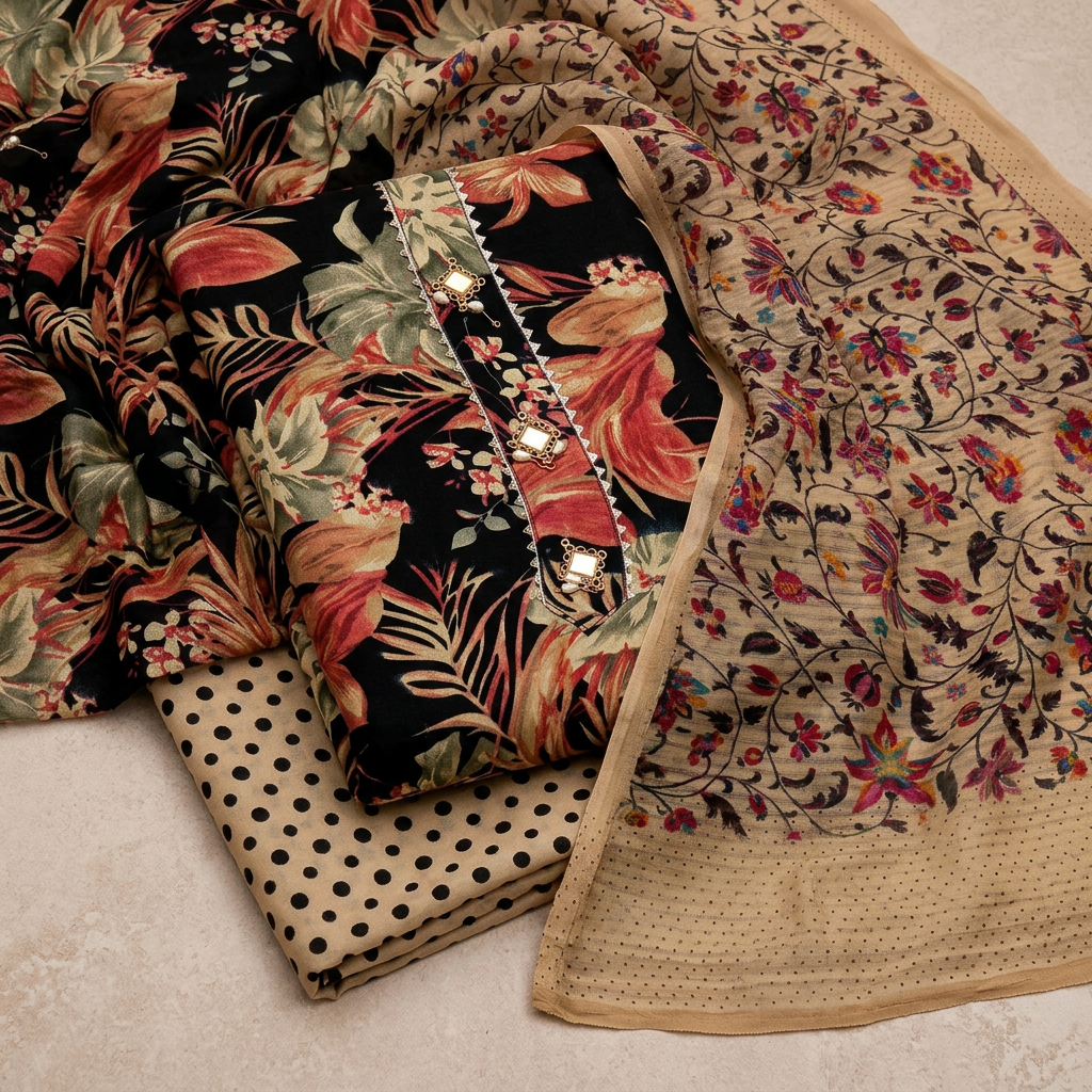 Black Cotton Floral Printed Un-Stitched Dress Material