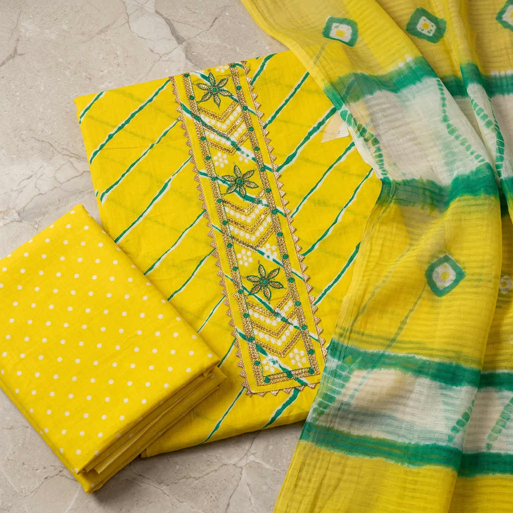 Lemon Yellow Cotton Patch Work Un-Stitched Dress Material