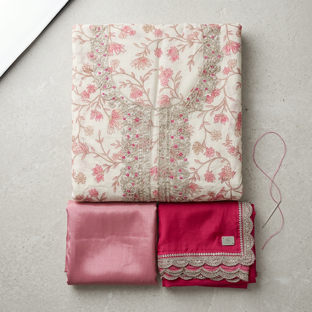 Cream With Pink Chanderi Golden Thread Work With Floral Printed Un-Stitched Dress Material