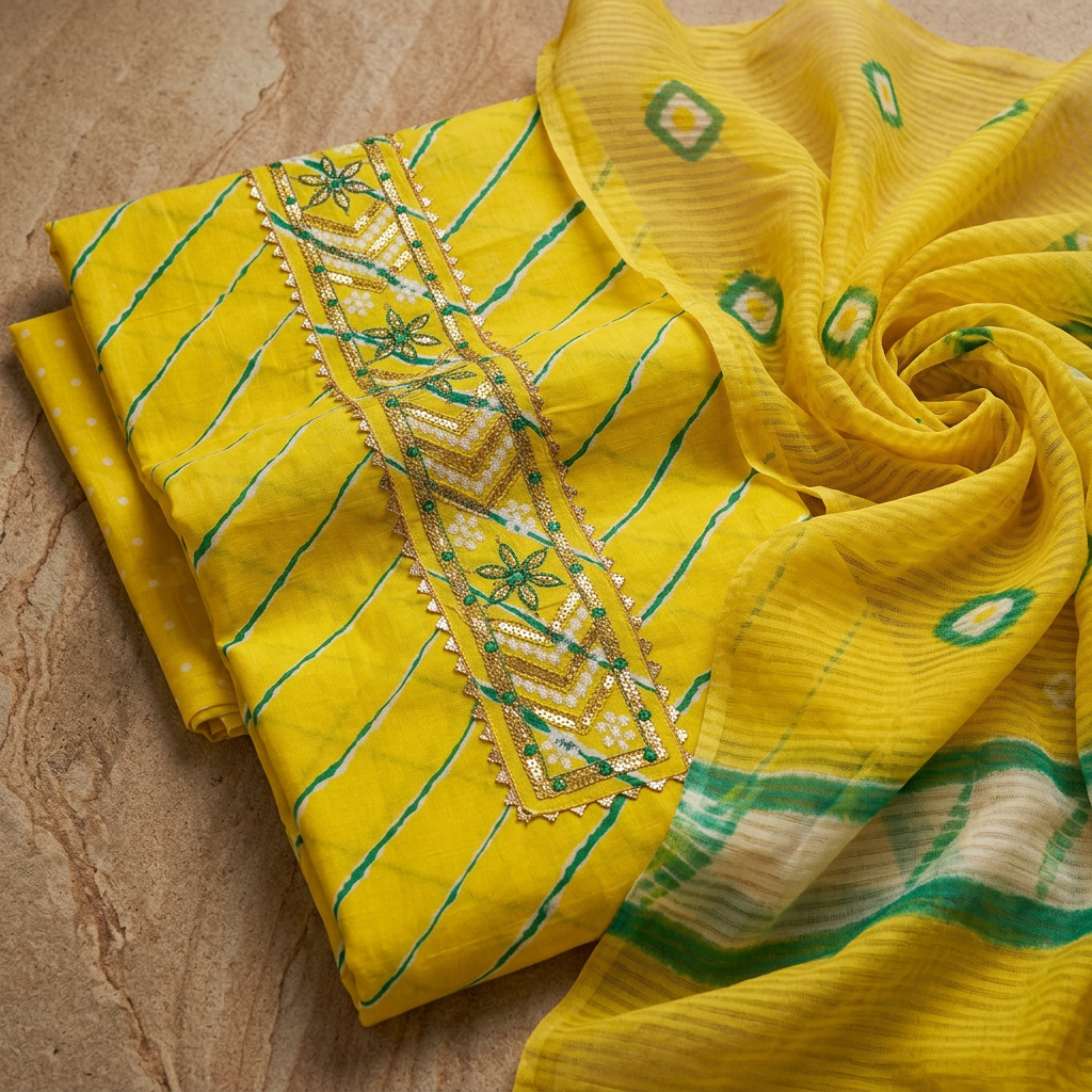 Lemon Yellow Cotton Patch Work Un-Stitched Dress Material