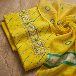 Lemon Yellow Cotton Patch Work Un-Stitched Dress Material