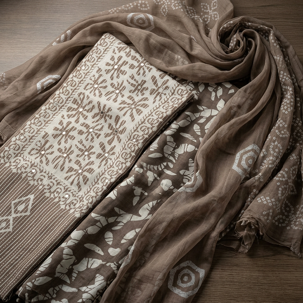 Cream Cotton Floral Print With Sequence Work Un-Stitched Dress Material