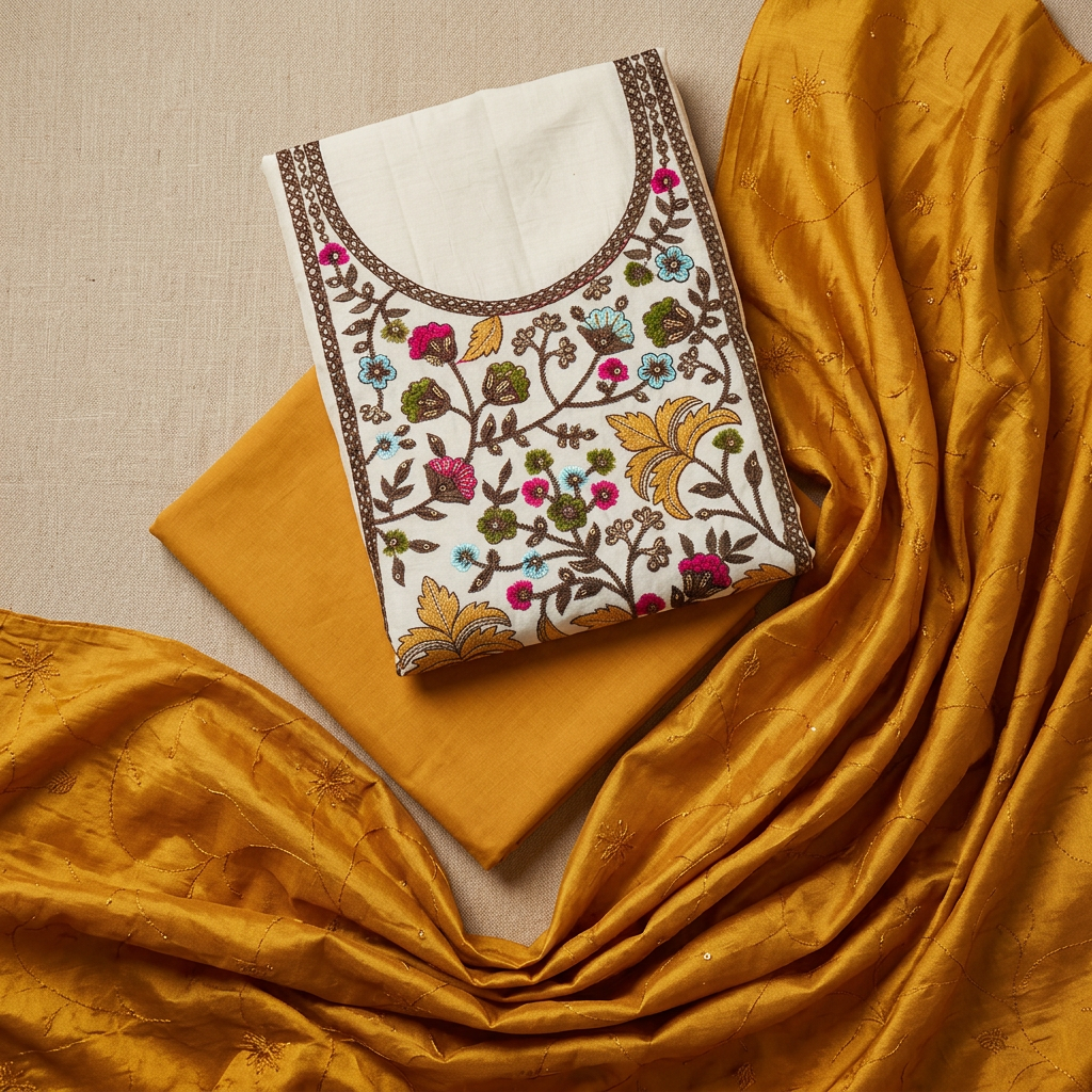 Half White With Mustard Yellow Chanderi Thread Embroidery With Sequence Work Un-Stitched Dress Material