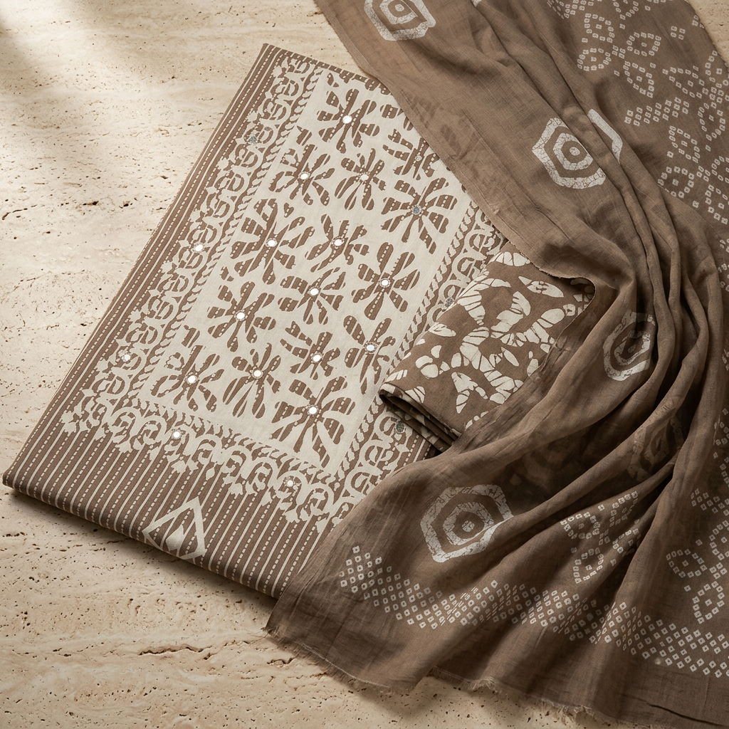 Cream Cotton Floral Print With Sequence Work Un-Stitched Dress Material