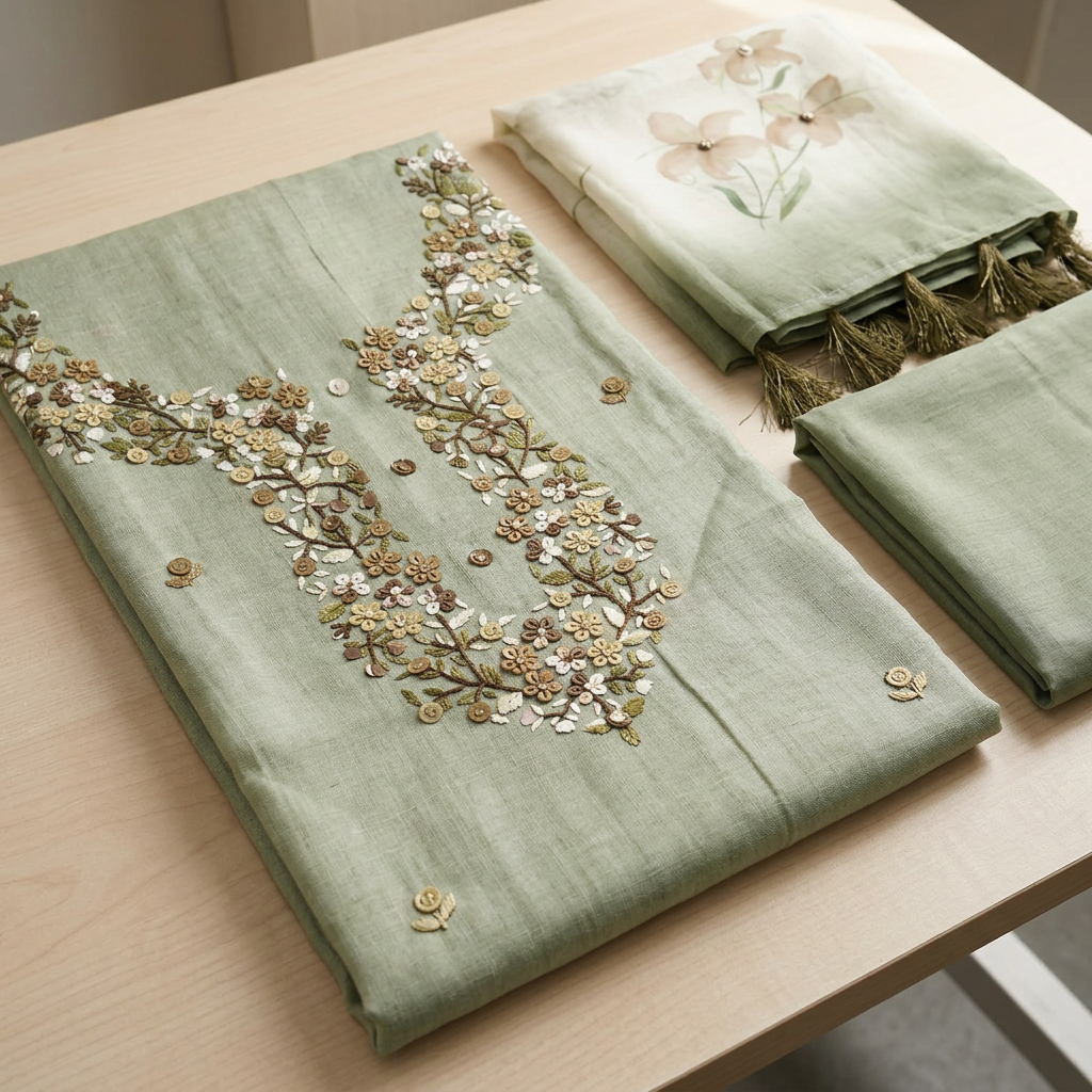 Pista Green Fancy Thread Embroidery Un-Stitched Dress Material