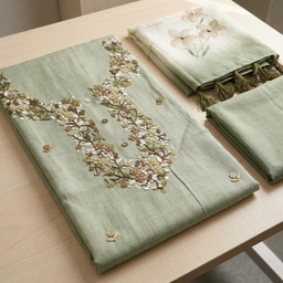 Pista Green Fancy Thread Embroidery Un-Stitched Dress Material