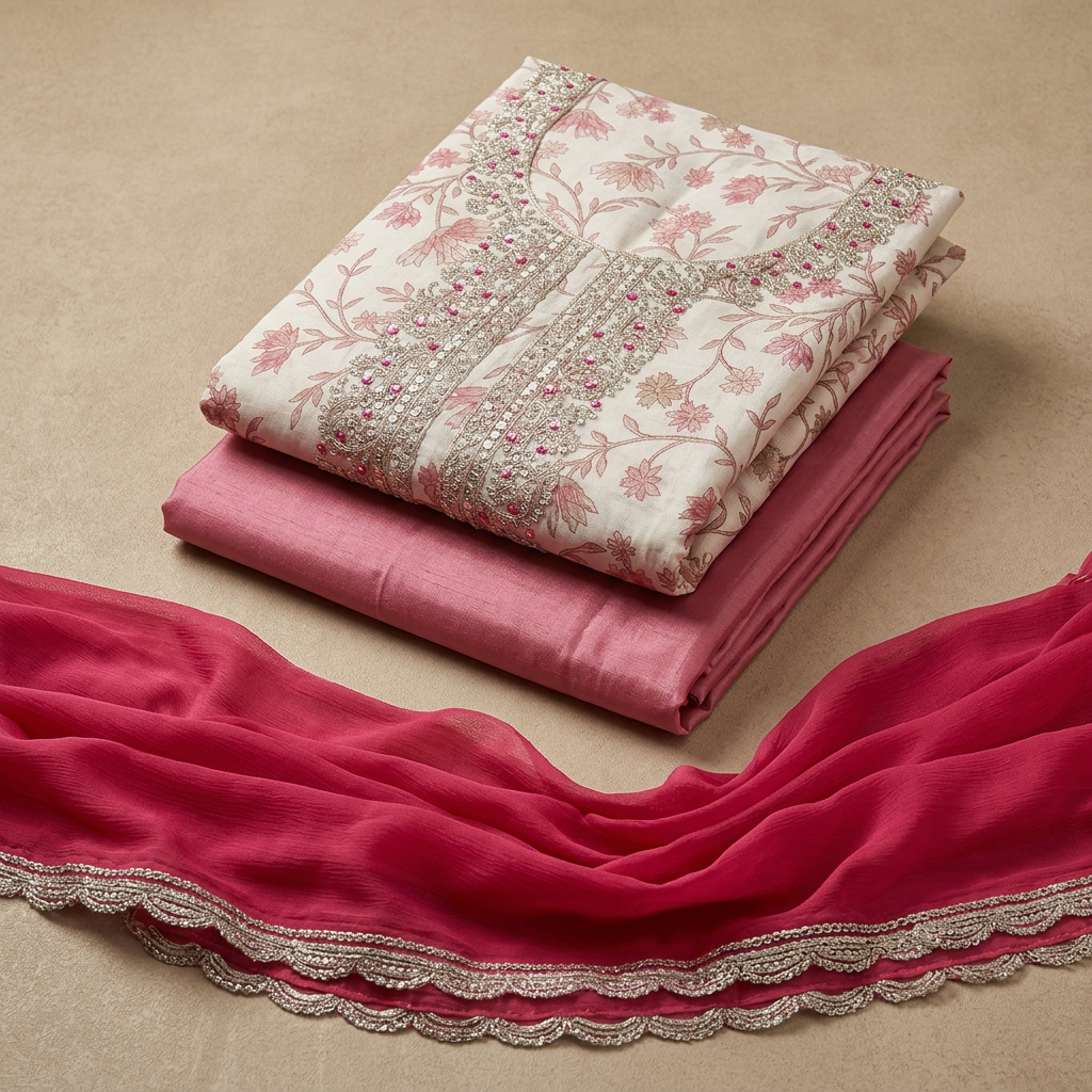 Cream With Pink Chanderi Golden Thread Work With Floral Printed Un-Stitched Dress Material