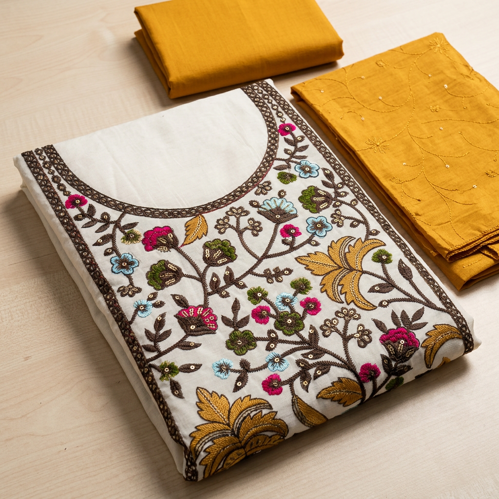 Half White With Mustard Yellow Chanderi Thread Embroidery With Sequence Work Un-Stitched Dress Material