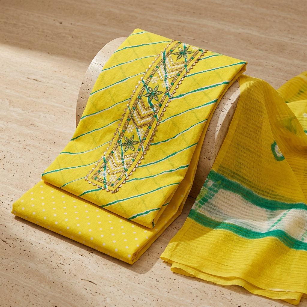 Lemon Yellow Cotton Patch Work Un-Stitched Dress Material