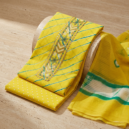 Lemon Yellow Cotton Patch Work Un-Stitched Dress Material