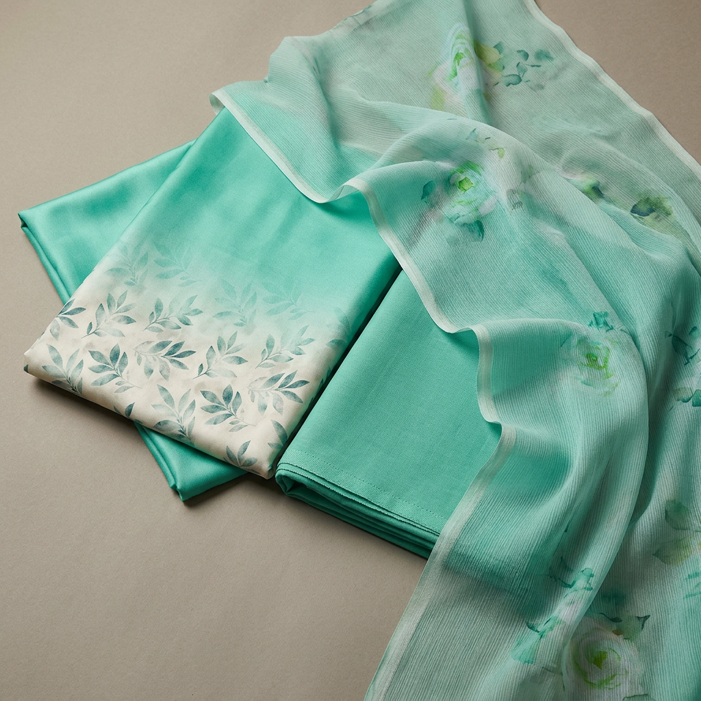 Teal Green Crepe Floral Printed Un-Stitched Dress Material