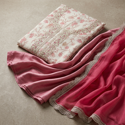 Cream With Pink Chanderi Golden Thread Work With Floral Printed Un-Stitched Dress Material
