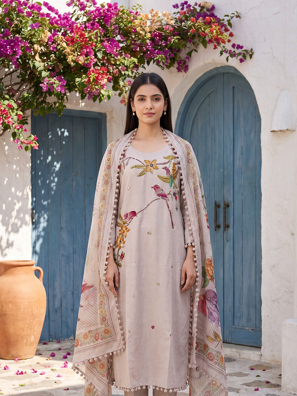 Grey Roman Silk All-Over Brush Paint Kurti Set