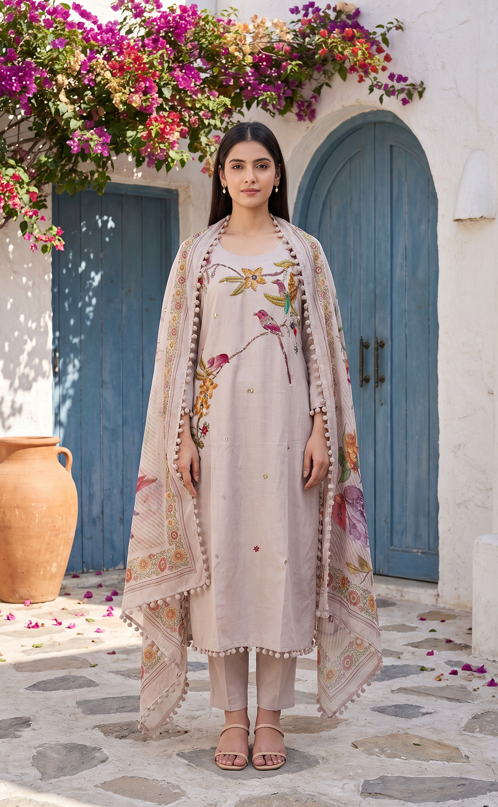 Grey Roman Silk All-Over Brush Paint Kurti Set