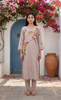 Grey Roman Silk All-Over Brush Paint Kurti Set