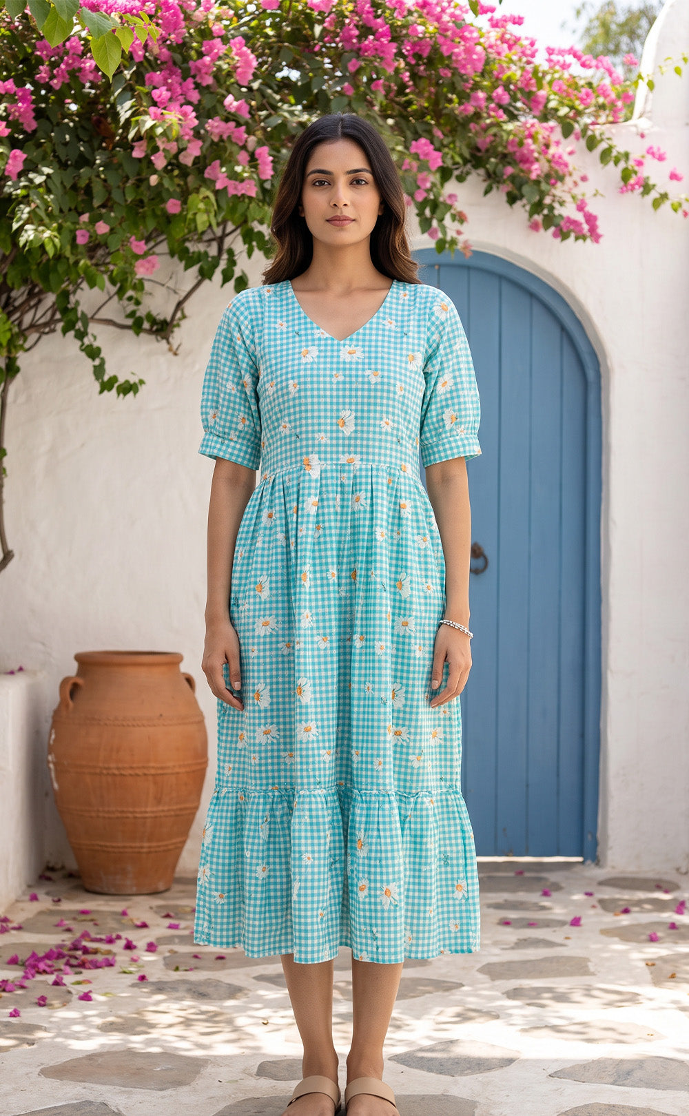 Sky Blue Mul Cotton All-Over Schiffli And Checks Printed Flare Kurti