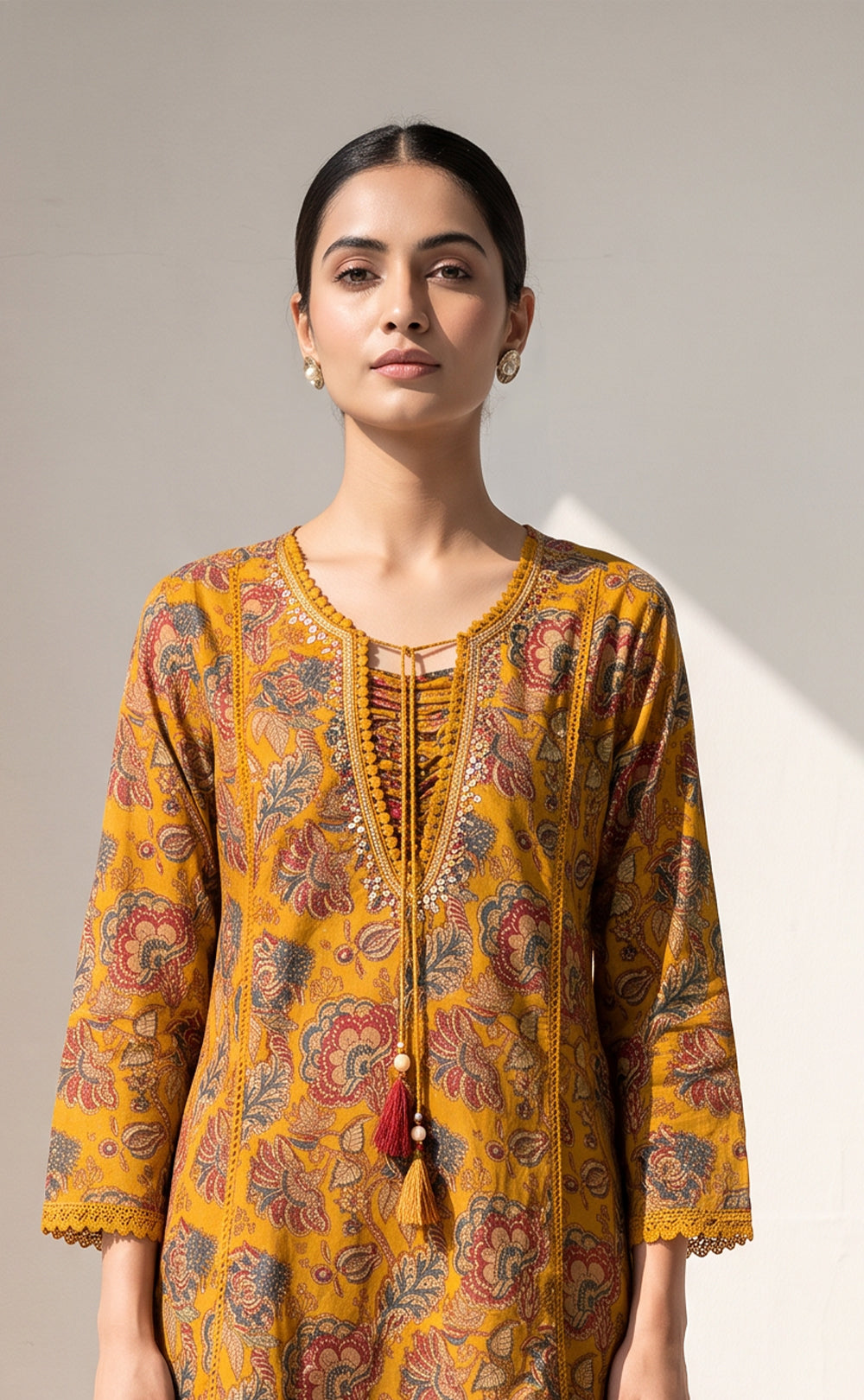 Mustard Yellow Cotton Kalamkari Printed Kurti Set