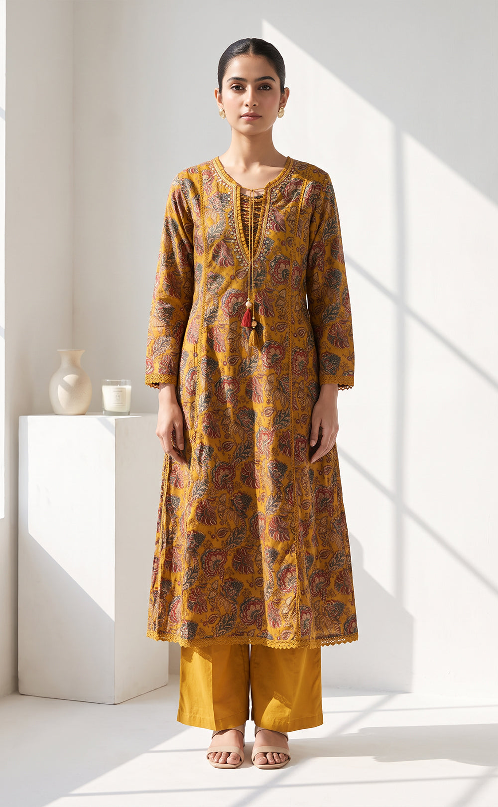 Mustard Yellow Cotton Kalamkari Printed Kurti Set