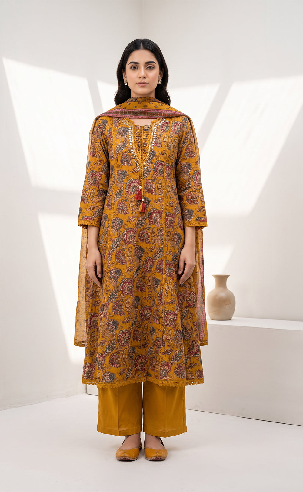 Mustard Yellow Cotton Kalamkari Printed Kurti Set