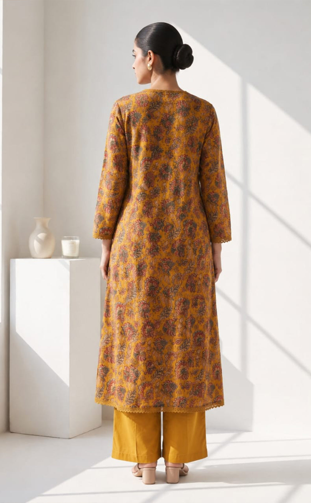 Mustard Yellow Cotton Kalamkari Printed Kurti Set