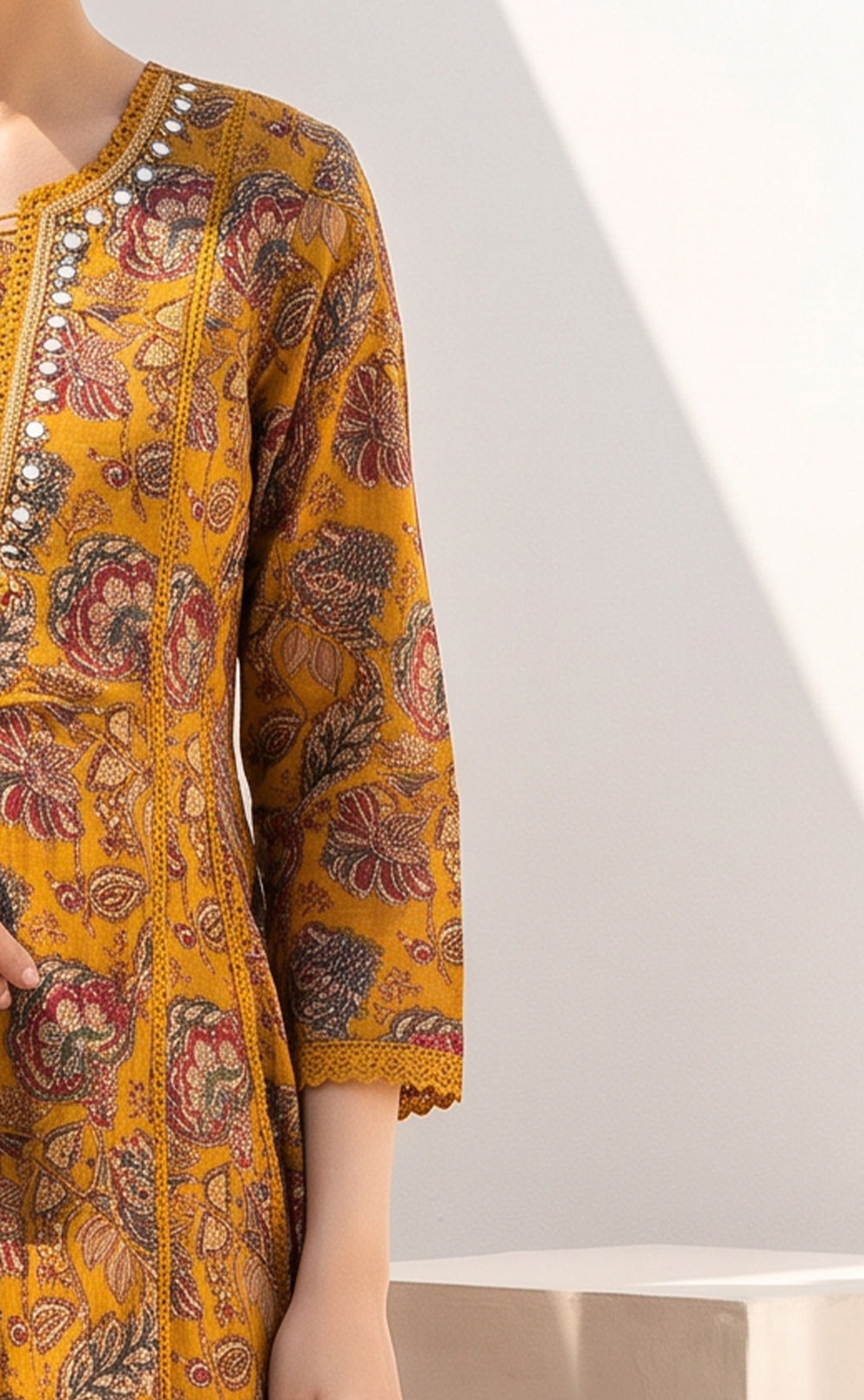 Mustard Yellow Cotton Kalamkari Printed Kurti Set