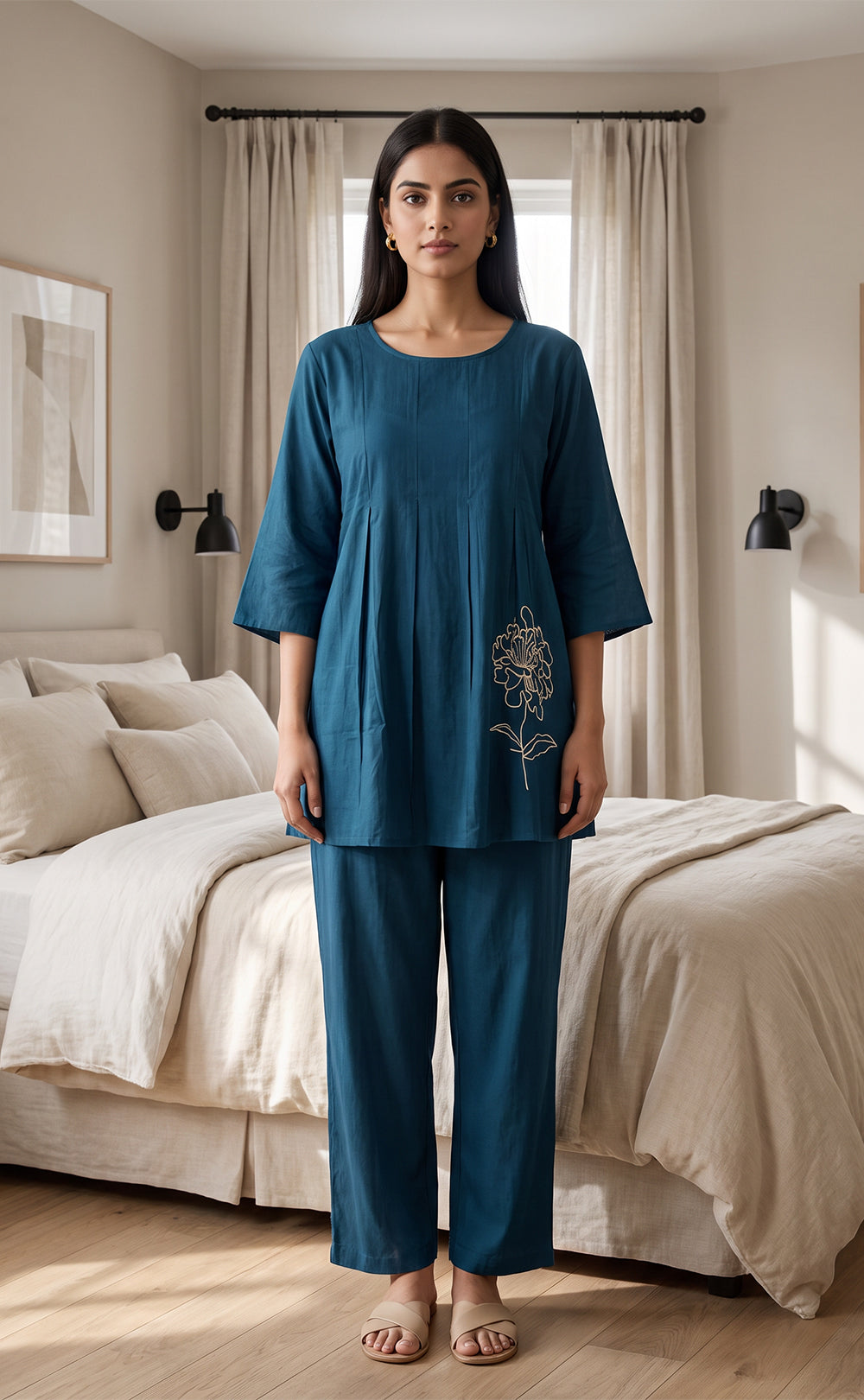 Dark Peacock Blue Rayon Plain With White Floral Printed Night Suit