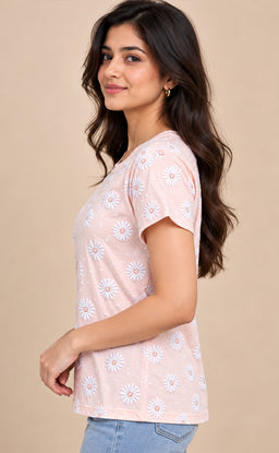 Light Pink Baniyan Floral Printed T-Shirt