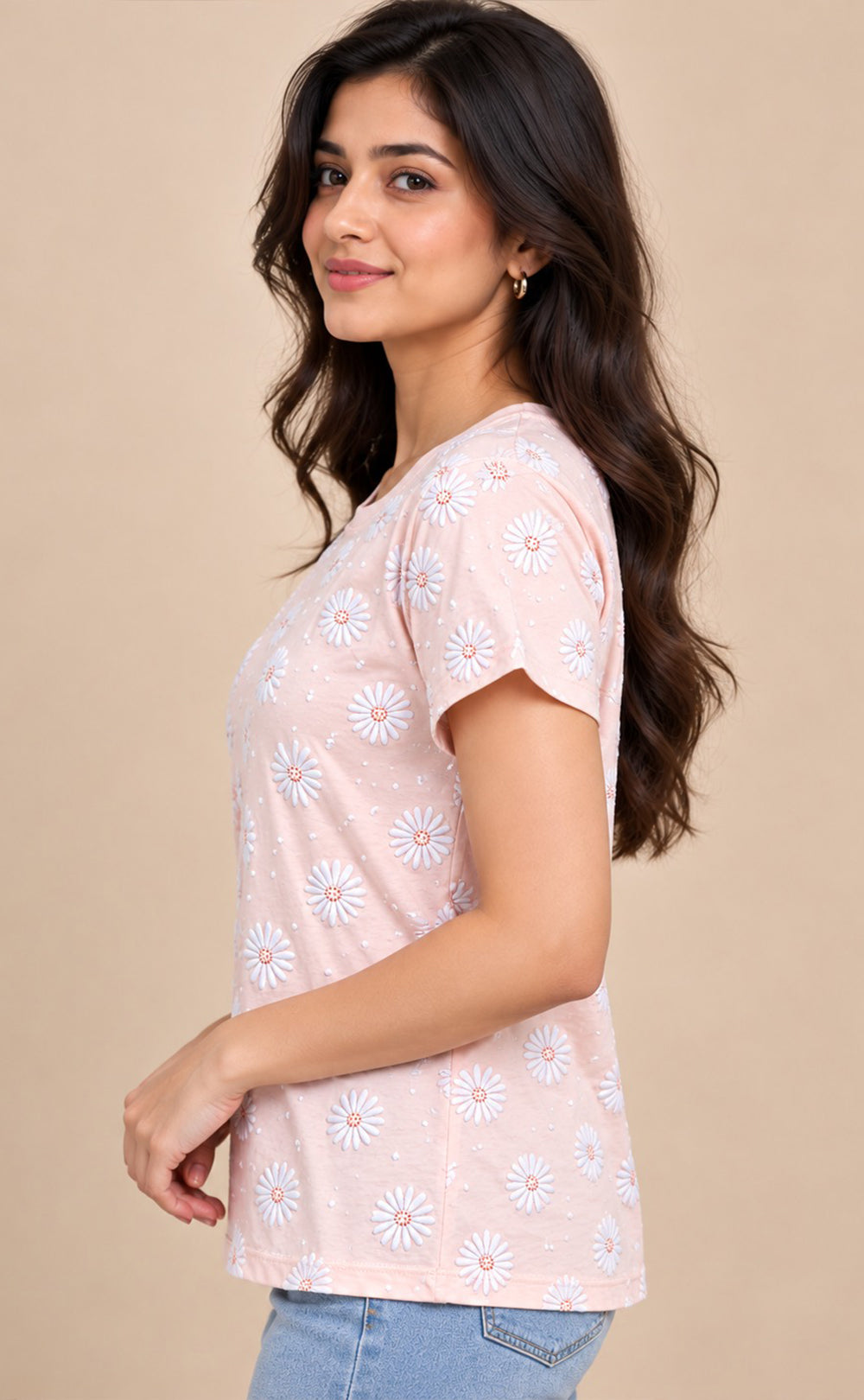 Light Pink Baniyan Floral Printed T-Shirt
