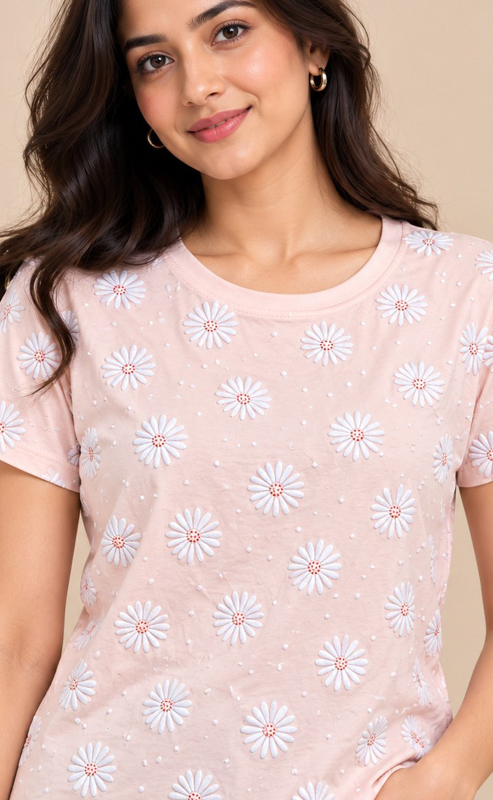 Light Pink Baniyan Floral Printed T-Shirt