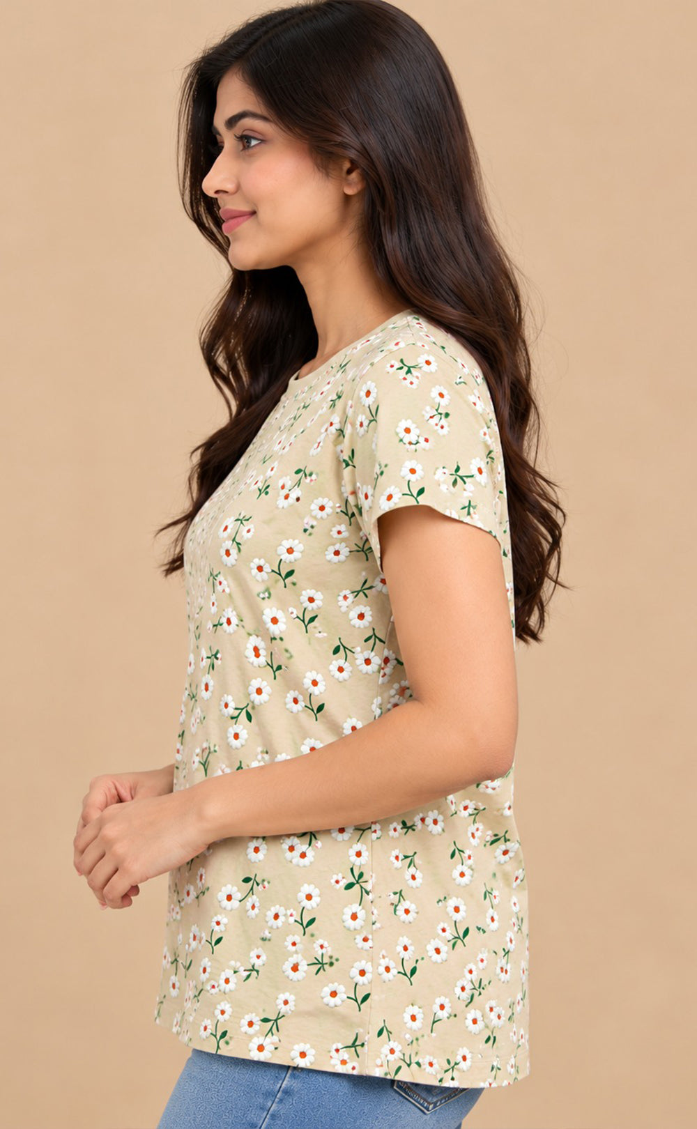 Cream Baniyan Floral Rubber Printed T-Shirt