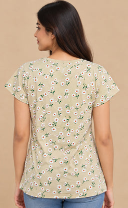 Cream Baniyan Floral Rubber Printed T-Shirt